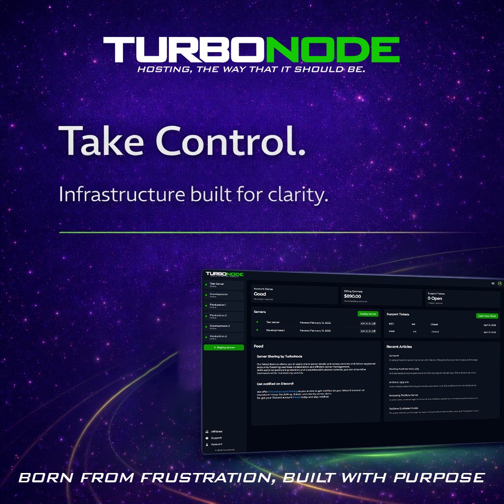 TurboNode1's tweet photo. We built our software from the ground up for simplicity and a straightforward user experience, so control feels natural, not overwhelming.

Serious infrastructure. Zero chaos.

TurboNode | Hosting the way it should be.
#TurboNode #VPS #CloudInfrastructure #LinuxServer #DevTools https://t.co/Zw8PPNfY2c