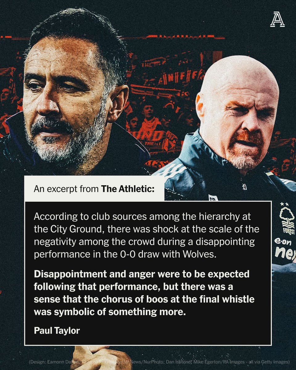 TheAthleticFC's tweet image. Nottingham Forest are looking to make Vitor Pereira their fourth head coach of the season after sacking Sean Dyche.

@nottmtails explores a chaotic 24 hours at the club ⤵️

♦️ Hierarchy is shocked at fan negativity
♦️ Evangelos Marinakis met with players
♦️ Disconnect between