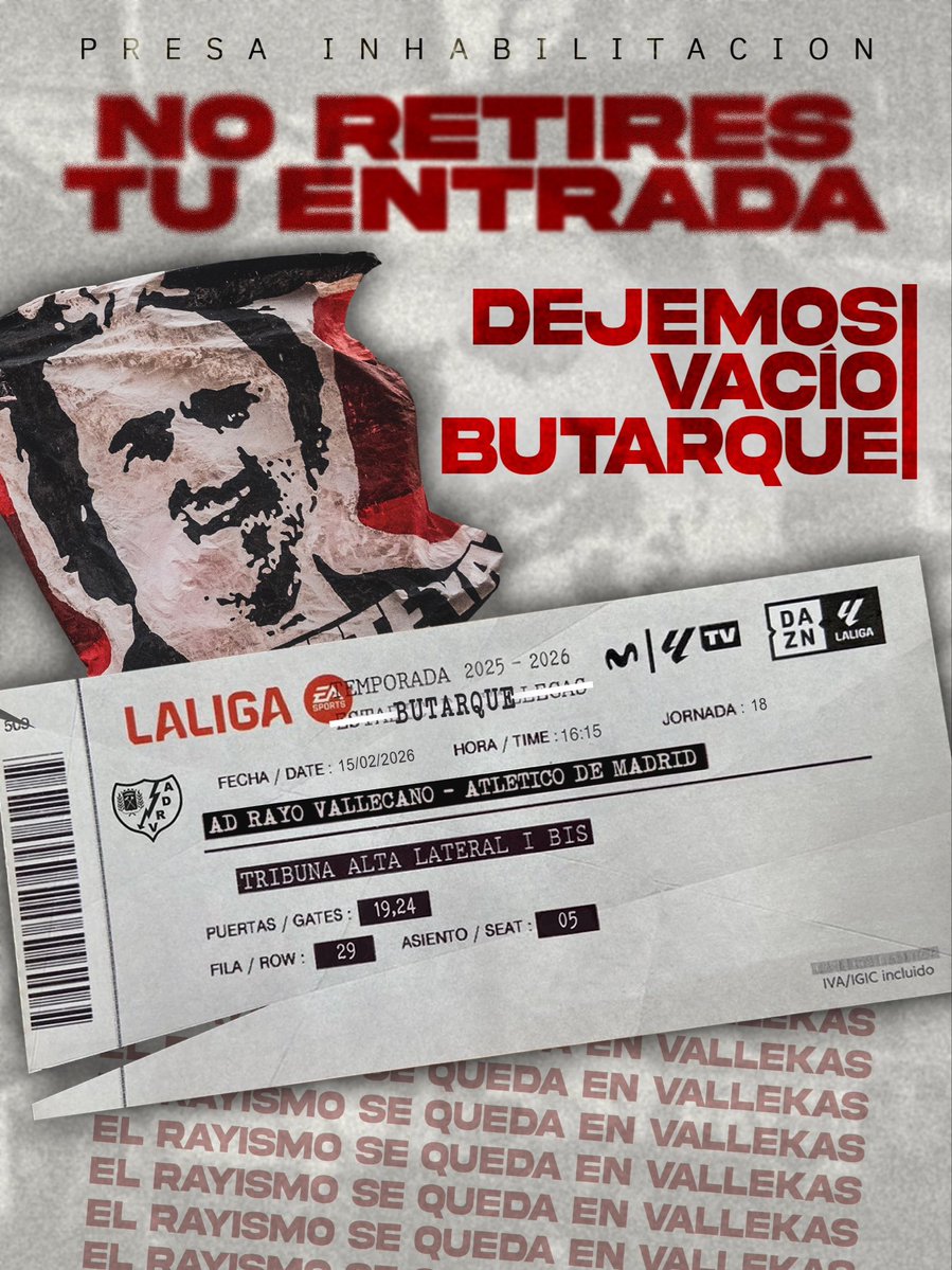 Rayista, ir a Leganés sienta un peligroso precedente para que Presa justifique llevarse al Rayo Vallecano del Barrio.

NO RETIRES TU ENTRADA,
DEJEMOS VACÍO BUTARQUE.