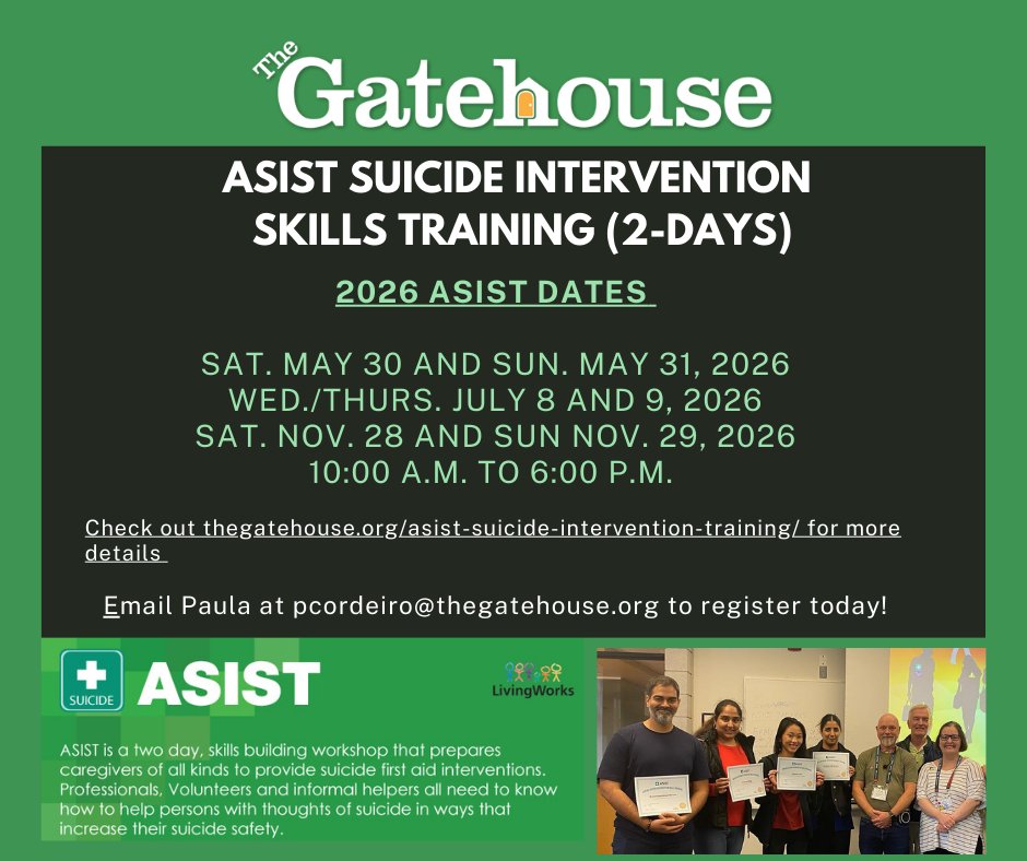 Gatehouse_The's tweet photo. Learn life-saving skills.
Join The Gatehouse for ASIST Suicide Intervention Skills Training (2 days) in 2026.
📅 May 30–31 | July 8–9 | Nov 28–29
⏰ 10am–6pm
📧 Register: pcordeiro@thegatehouse.org

🔗 https://t.co/1lroHk6xxF https://t.co/9Pw6LCkRiF