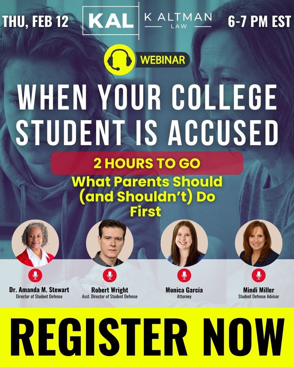 KeithAltman9's tweet photo. ⏳ 2 Hours to GO! 
If your college student is accused—of a conduct code violation, academic misconduct, or any allegation that could put their education and future at risk—what you do in the first 24–48 hours matters 
📅 Feb 12
🕕 6–7 PM EST
Register Now: https://t.co/KiE8Le2Kdp https://t.co/8RqxoY1jYh