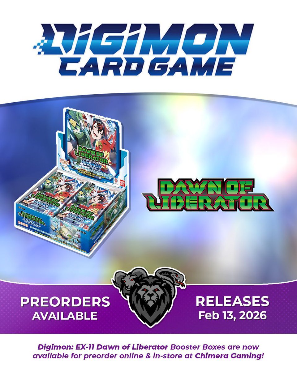 🚨 Attention Digimon players! 🚨

Preorders for Dawn of Liberator are LIVE NOW, and will be available tomorrow at noon! 

#Digimon #DigimonTCG #DawnofLiberator #ChimeraGaming