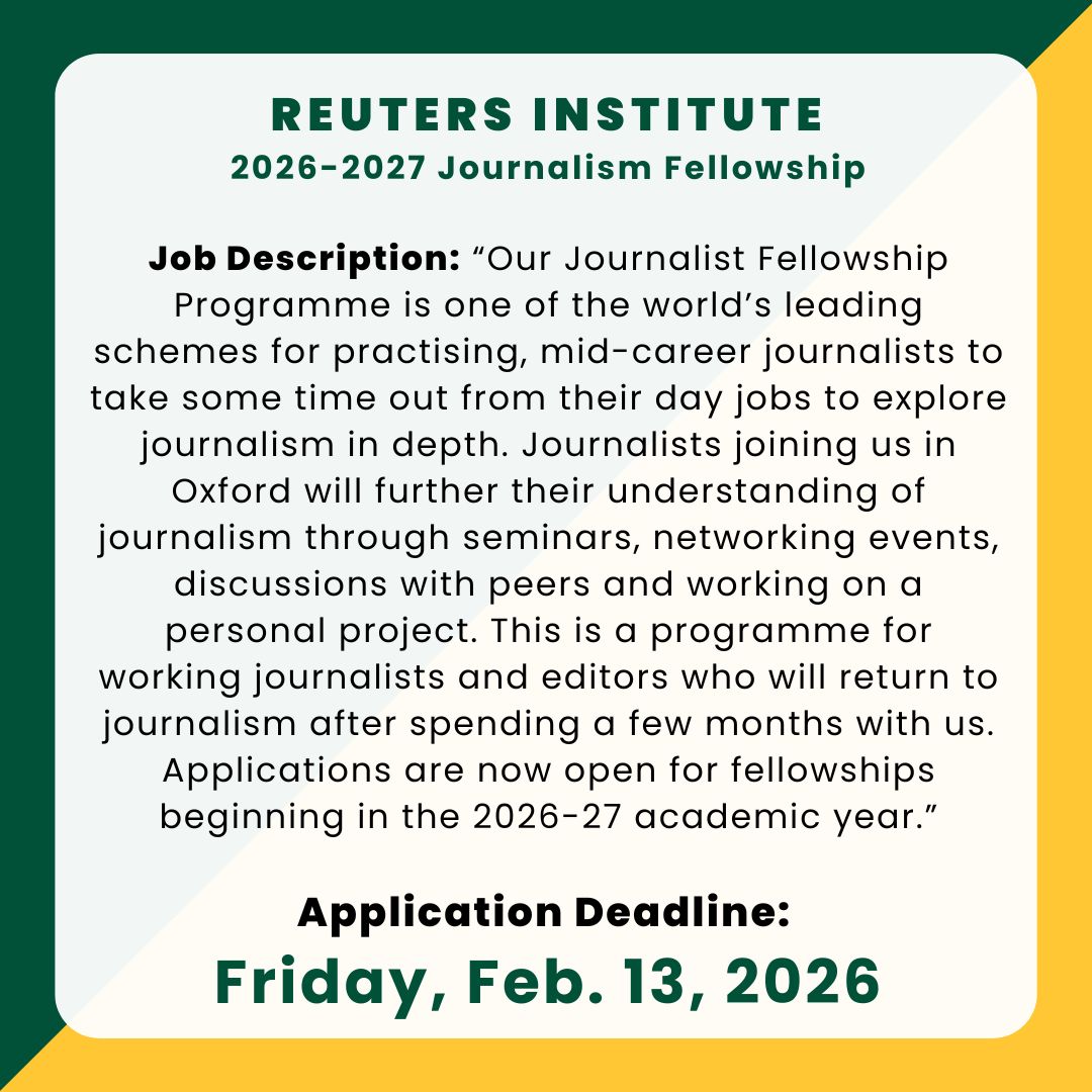 🚨 Internship Alert: RISJ Journalist Fellowship

“Any journalist with more than five years of experience in newsrooms can apply for the programme."

⏰ Deadline: Friday, Feb. 13, 2026

Don’t miss your chance to apply: reutersinstitute.politics.ox.ac.uk/fellowships?re…