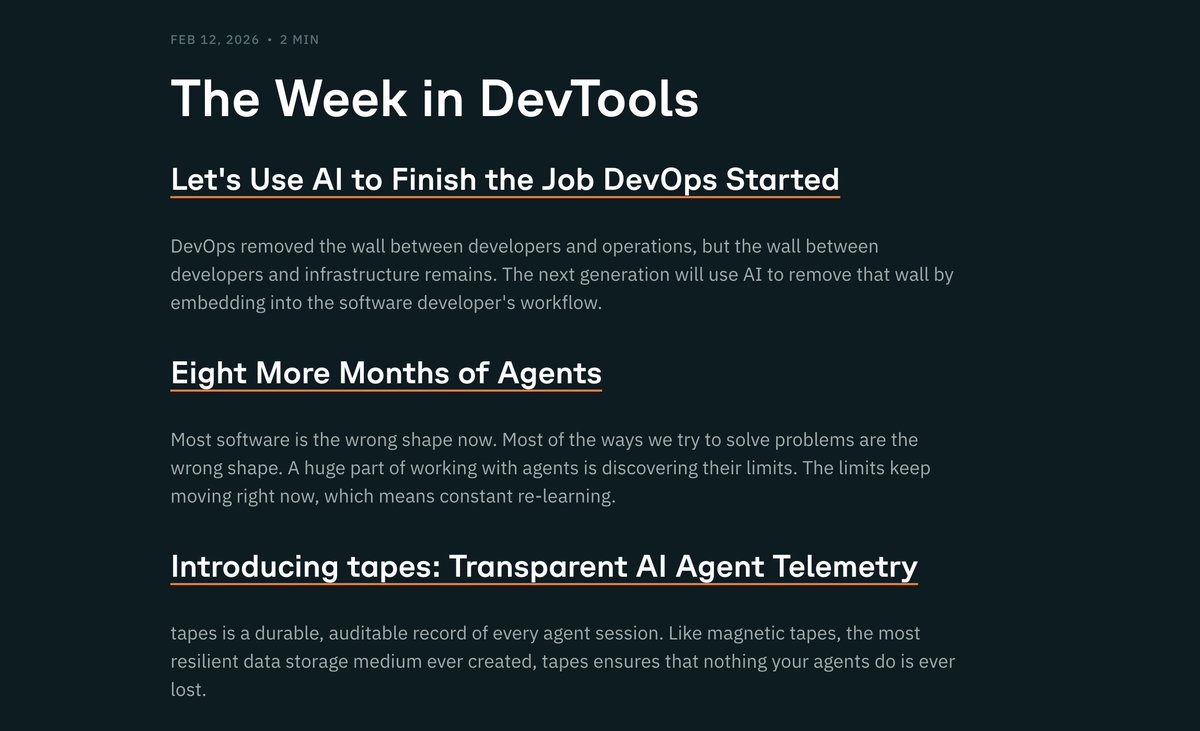 heavybit's tweet photo. This week's #DevToolsDigest includes news and resources from @GergelyOrosz, @johncodes, @simonw and more. https://t.co/x6jm2Z7YDt https://t.co/FBCdXaPH0V