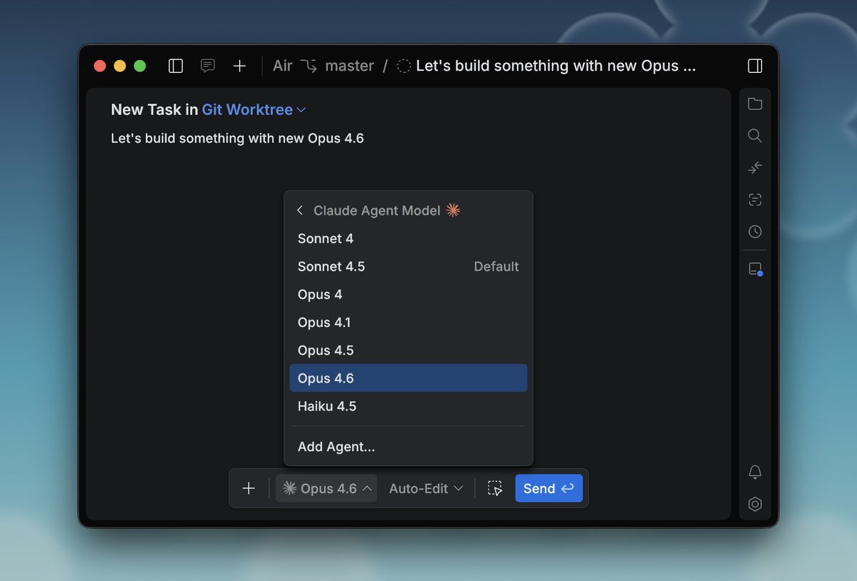 New build with Opus 4.6 and an updated Claude Agent harness is available for download on air.dev and via auto-update.