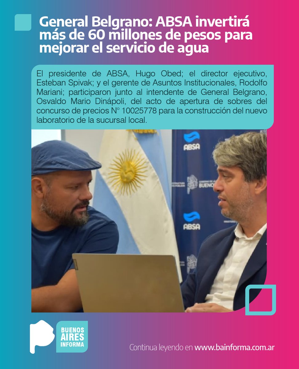 BAInforma's tweet photo. General Belgrano: ABSA invertirá más de 60 millones de pesos para mejorar el servicio de agua

https://t.co/sQ6mr2cuV6

@ABSAOficial @Kicillofok @Carli_Bianco @JesicaRey https://t.co/y4xkecInik