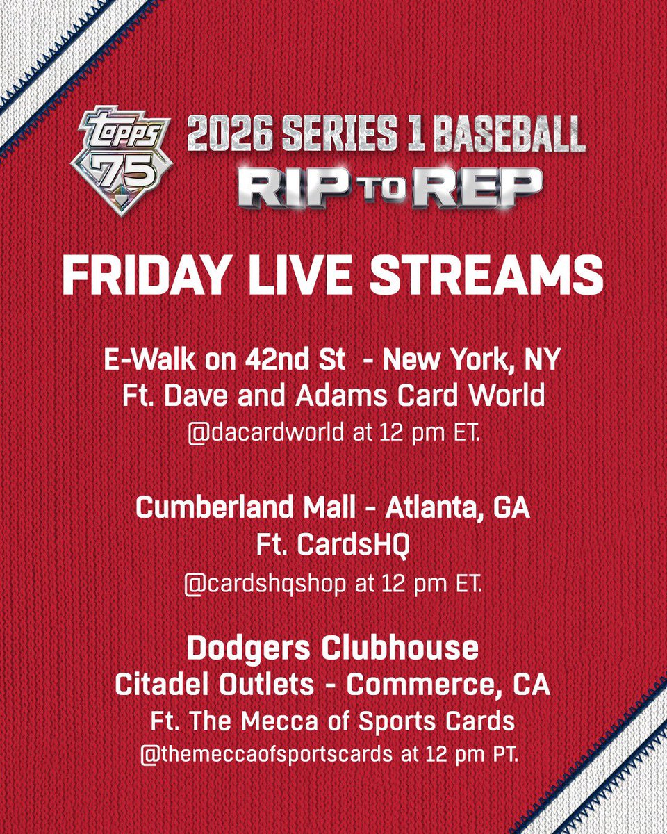 3 streams. 3 different cities. All ripping <a href="/Topps/">Topps</a> Series 1 Baseball ⚾️

📍NYC, ATL &amp; LA

Pull up in-store or join us on stream for your chance to win FREE jerseys!