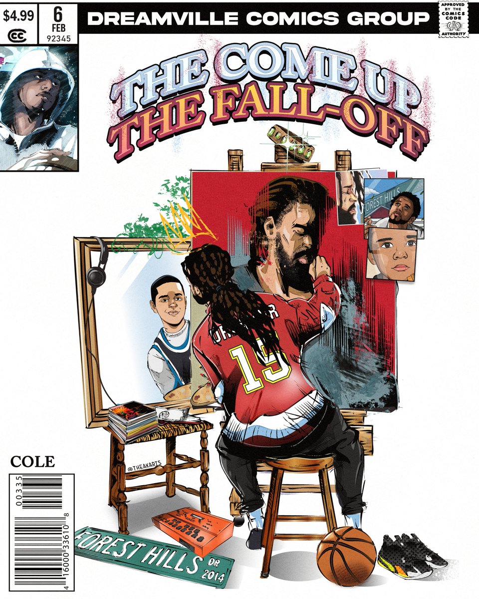 theakarts's tweet photo. I drew the Come Up and Fall-Off by J. Cole as a comic, inspired by Triple Self Portrait by Norman Rockwell.

Had to throw as many references to his past works as I could from the Warm Up, to KOD, and so much more. It’s all in there.

Can we get @JColeNC @KingOfQueenz to see this? https://t.co/Y1dysQz2Ic
