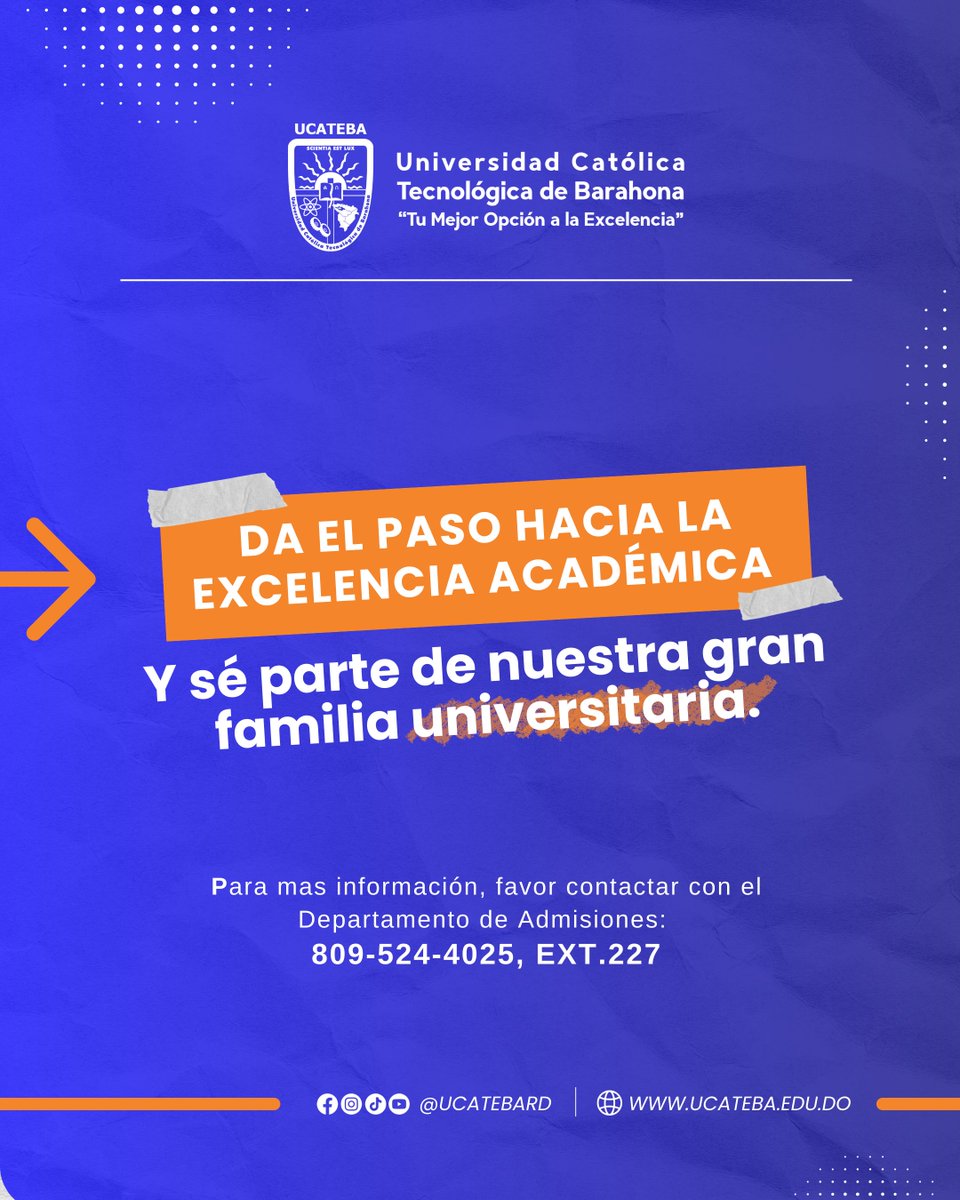 En UCATEBA abrimos nuestras puertas para ti. ADMISIONES MAYO - AGOSTO 2026 
⏳ Recepción de documentos hasta el 12 de marzo. 
📞 Más información: 809-524-4025, ext. 227 🌐 ucateba.edu.do#AdmisionesUCATEBA #UCATEBA #EducaciónSuperior #TúMejorOpción #Barahona