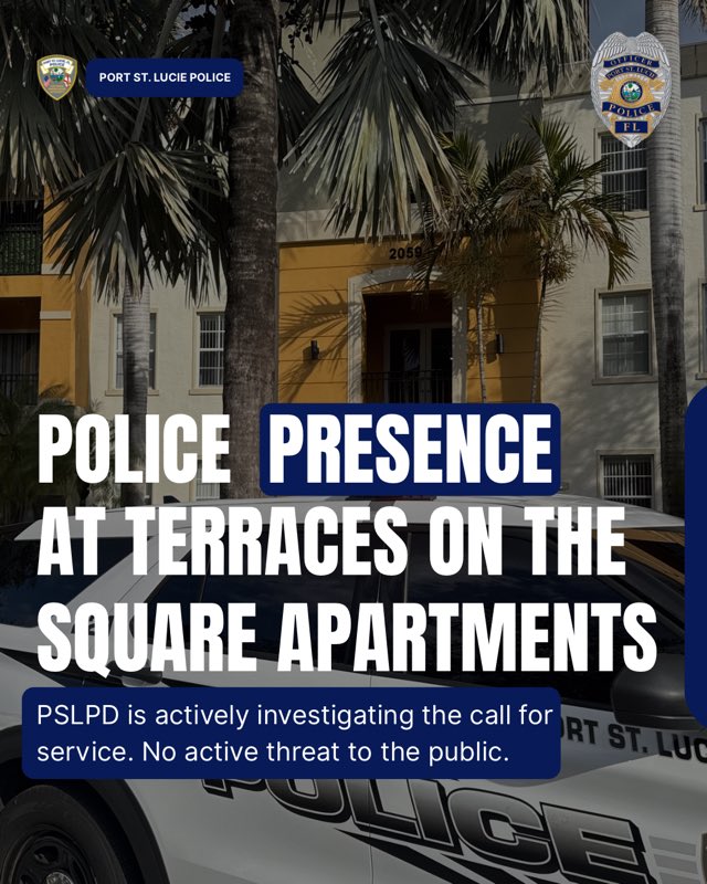 POLICE PRESENCE – TERRACES ON THE SQUARE APARTMENTS

Port St. Lucie Police are currently on scene at the Terraces on the Square Apartments in reference to a call for service in the area of 2059 SE Hillmoor Dr.

Residents are asked to avoid the immediate area while officers