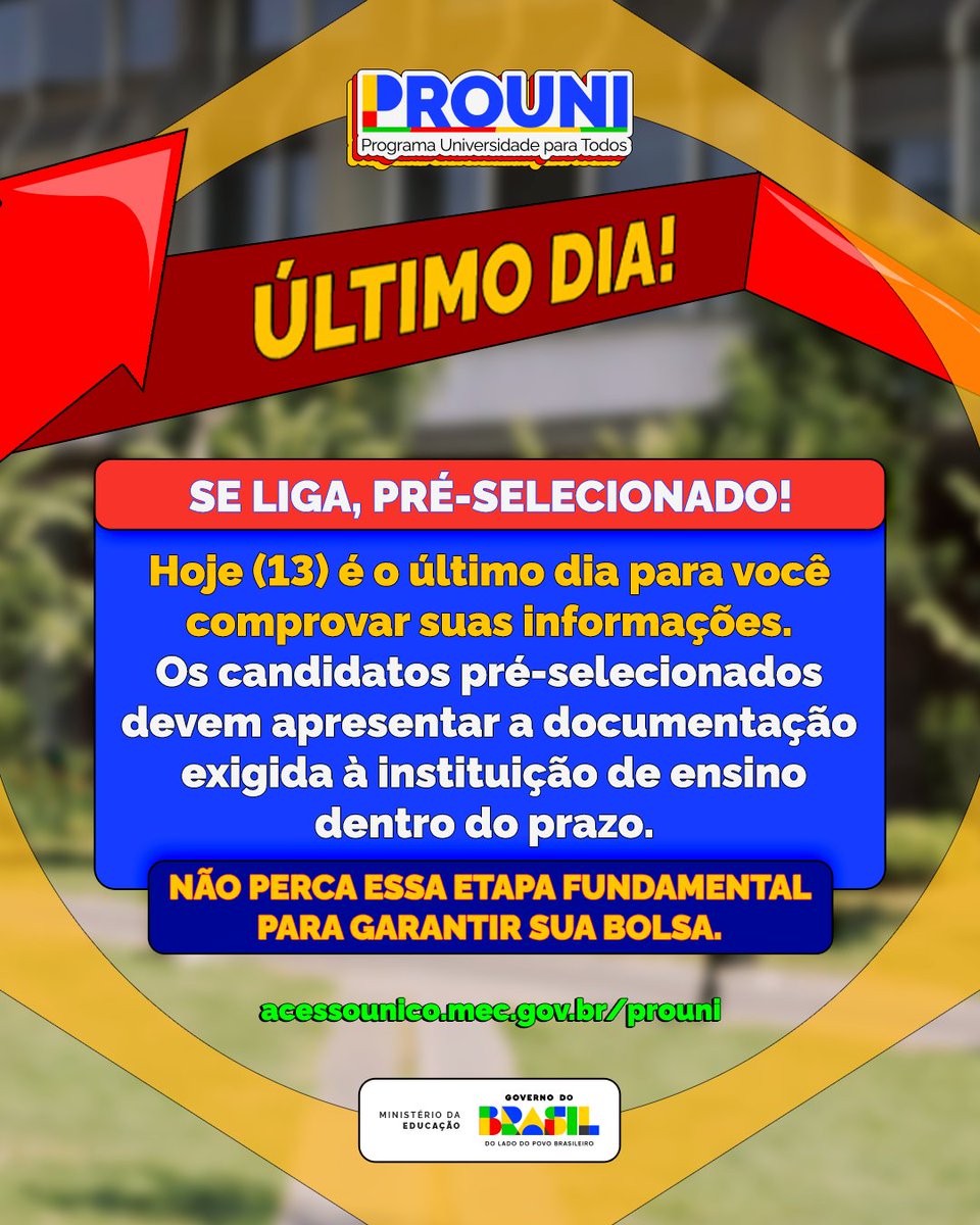 min_educacao's tweet image. Hoje é o último dia para comprovar as informações da 1ª chamada do Prouni 2026. 📄

A entrega deve ser feita diretamente na instituição de ensino, conforme as orientações e prazos definidos pela faculdade.

acessounico.mec.gov.br/prouni

#Prouni #Prouni2026 #EnsinoSuperior #MEC