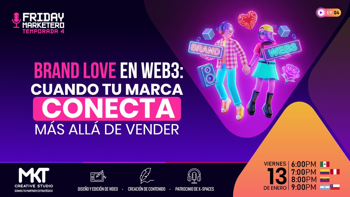 marketersweb3's tweet photo. Brand Love en Web3 💗: Cuando tu marca conecta más allá de vender 🤑

Febrero no es solo promociones, es narrativa, emoción y conexión bien construida.

En Web3, las marcas que crecen no son las que más publican, son las que generan afinidad sin perder credibilidad.

En este #FridayMarketero hablaremos de:

🟣 Storytelling con propósito
🟣 Coherencia entre lo que dices y lo que haces
🟣 Marcas Web3 que generan pertenencia real
🟣 Cómo usar fechas emocionales sin verse oportunista

🎙️ Hosters:
@ja_colmena de @LamovidaWeb3 
@BenaventeLesly de @herdaovzla
👥Invitados:
@NearMultiverse  Marketing & Comms at @meta_pool 
@alansicairos_  Ambassador Success Executive @meta_pool 

Design by @mktstudioweb3 

🧵