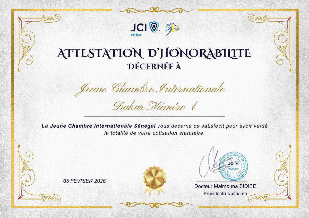 ✨ ATTESTATION D’HONORABILITÉ ✨

La JCI Sénégal félicite la JCI Dakar N1 pour le paiement intégral et dans les délais de sa cotisation statutaire. Une preuve d’engagement, de rigueur et de responsabilité. 👏

#JCISénégal #Leadership #Engagement #Excellence