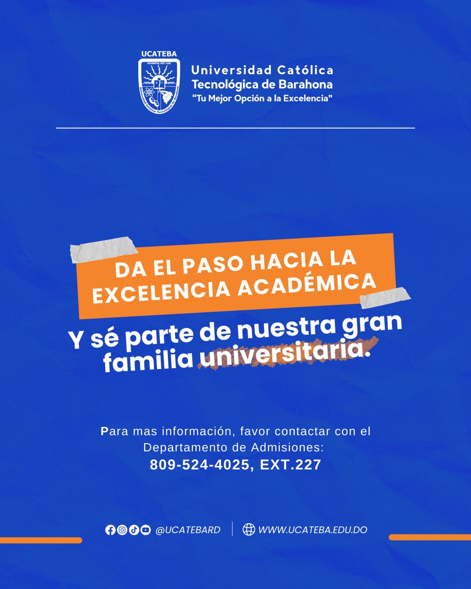 📢 En #UCATEBA abrimos nuestras puertas para brindarte nuestras ofertas académicas de #TécnicoSuperior. 
⏳ Recepción de documentos hasta el 12 de marzo.
Para más información, comunícate con el Depto. de Admisiones al 809-524-4025 ext. 227