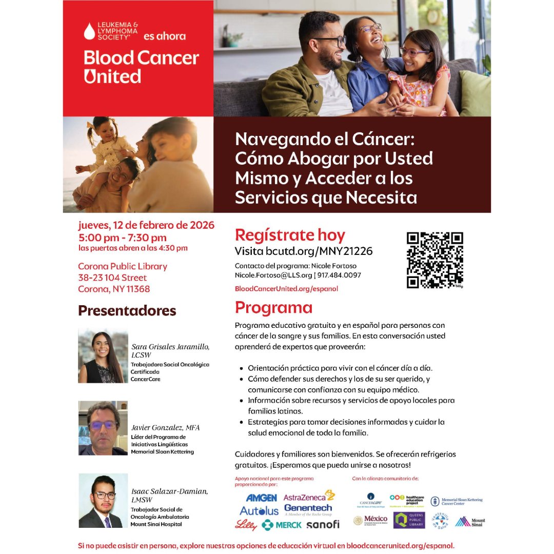 HealthEdProject's tweet image. Hoy! 

Navegando el Cáncer: Cómo Abogar por Usted Mismo y Acceder a los Servicios que Necesita 

📆 jueves, 12 de febrero de 2026
5:00 pm - 7:30 pm
las puertas abren a las 4:30 pm

📍 Corona Public Library
38-23 104 Street
Corona, NY 11368

#communitario