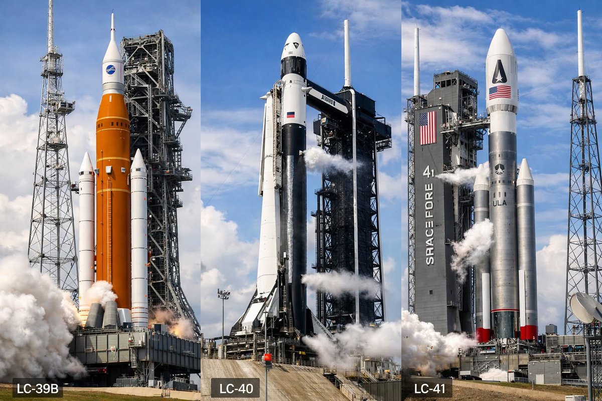 Right now, three powerful rockets are sitting on launchpads, ready for history and two of them are carrying astronauts! 🌍✨
📍 LC-39B: SLS — Artemis II
📍 LC-40: Falcon 9 — Crew-12
📍 LC-41: Vulcan — USSF-87
Three pads. Three missions. One incredible moment for spaceflight. 🌌🚀