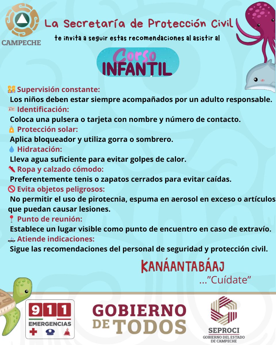 Al participar en las actividades del Corso Infantil, recuerda seguir estas recomendaciones!!
Disfrutemos de un Carnaval sin Riesgos.
#Kanáantabáaj
#CampecheGobiernoDeTodos #ProtecciónCivilDeTodos
<a href="/anuardager/">Ánuar Dáger Granja</a> <a href="/LaydaSansores/">Layda Sansores</a> <a href="/UCSCampeche/">Gobierno de Campeche</a>