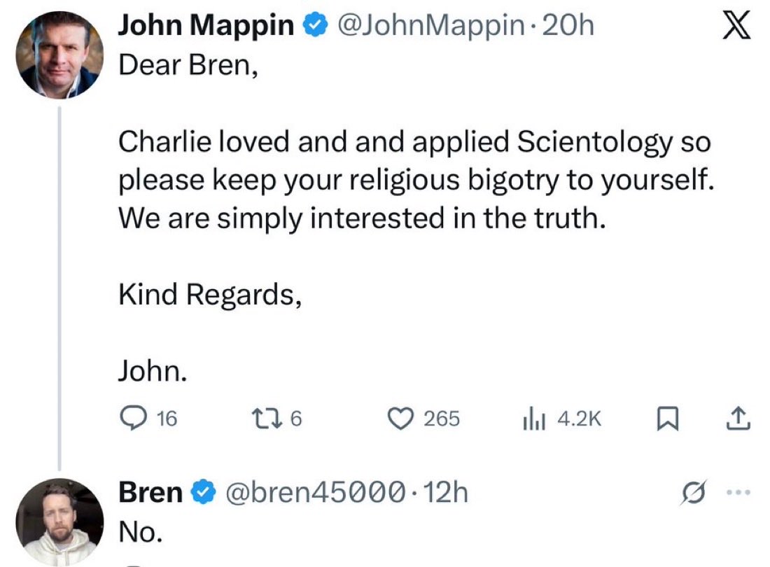 LauraLoomer's tweet image. This is so bizarre. @JohnMappin, who is a Scientologist and one of @RealCandaceO Candace Owens’s biggest backers, is now telling people that Charlie Kirk “loved and applied Scientology.”

This is a total lie. @TPUSA