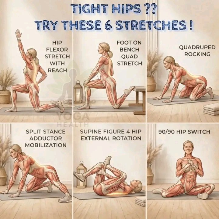 Tight Hips? Try These 6 Effective Stretches 🧘‍♂️

Sitting for long hours, workouts without mobility work, or stress can lead to tight hips and lower back discomfort. These 6 stretches help improve hip mobility, reduce stiffness, and support better posture and movement.