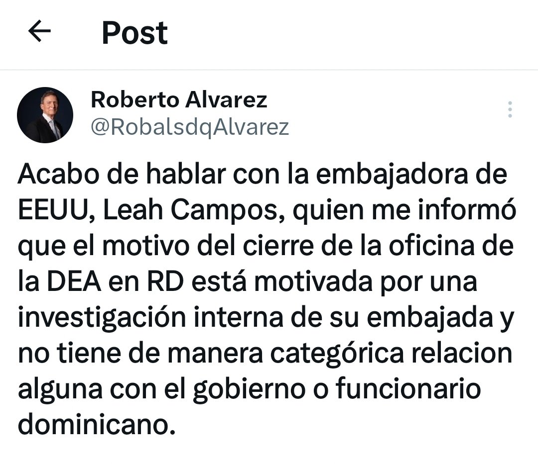 El cierre de la oficina de la DEA en Republica Dominicana es resultado de una investigación interna que esta realizando la <a href="/EmbajadaUSAenRD/">EmbajadaUSAenRD</a>, según informó  la Embajadora Leah Francis Campos en conversación telefónica con   el Canciller Dominicano <a href="/RobalsdqAlvarez/">Roberto Alvarez</a>
