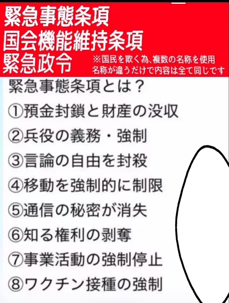 mipom4412's tweet photo. この画像は自民党改憲草案に書いている。この条項が憲法に書き込まれたら自然災害、北朝鮮のミサイル、対中関係の悪化など何かにかこつけこの条項を発動出来る。つまり政権の独裁だ。ヒトラーが独裁のために使用した全権委任法とまったく同じ。高市はこれをやろうとしている。サナカツは人権を奪う。 https://t.co/sXEMppCyZW