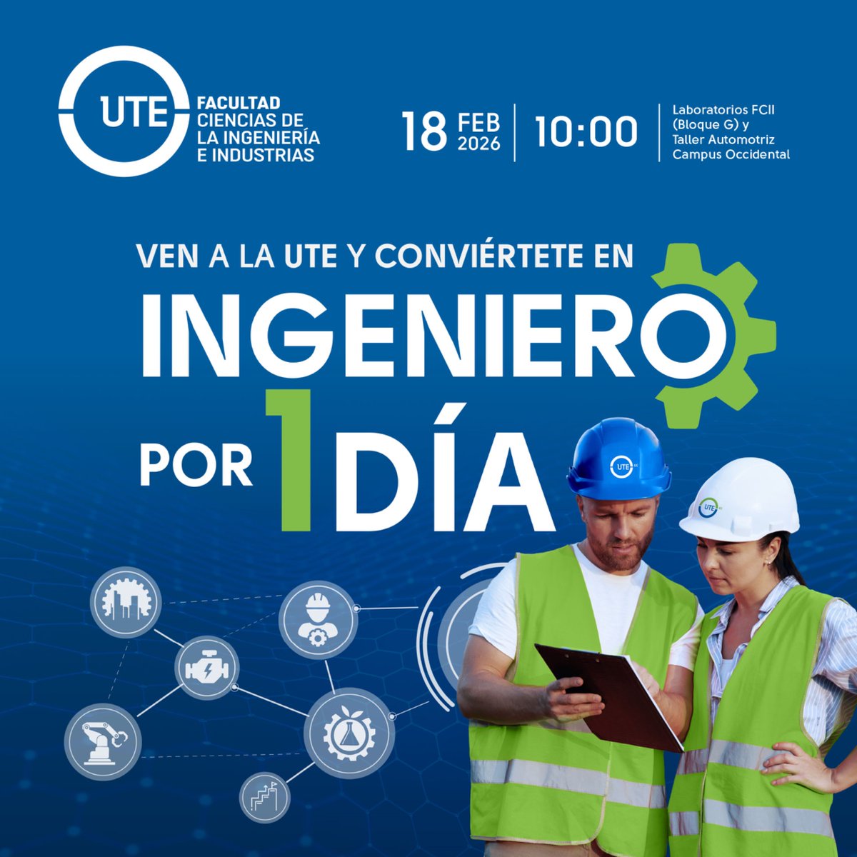 👷‍♀️👨‍🔧 Ingeniero por un día
¿Te gustaría vivir la ingeniería antes de elegir tu carrera? 
Una experiencia práctica para descubrir cómo se construye, se diseña y se innova más allá del aula.
Aprende. Experimenta. Descubre.
#IngenieroPorUnDía #UTE #Ingeniería #STEM #ExploraTuFuturo
