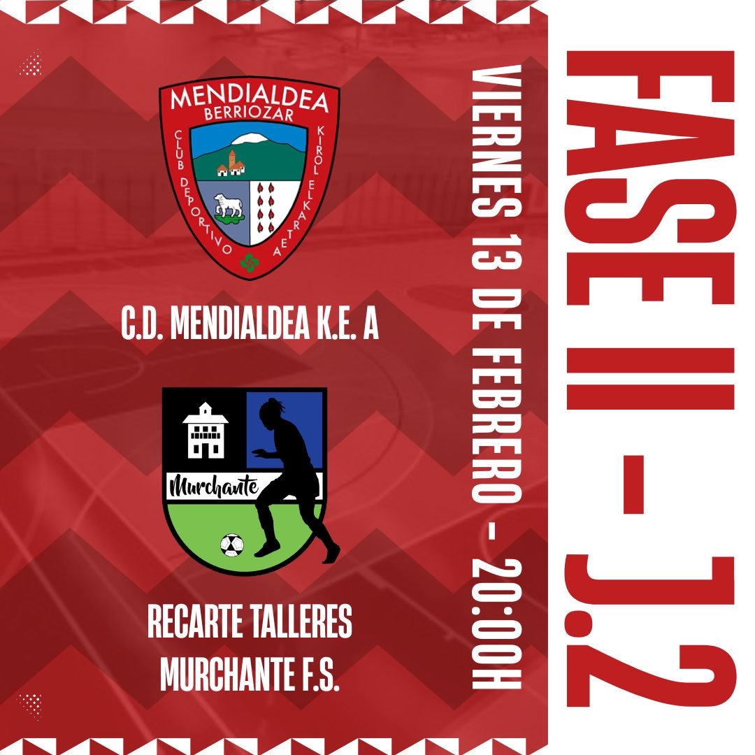 🔹▫️Fase II - J.2▫️🔹

👥 C.D. Mendialdea K.E. “A” 🆚 Recarte Talleres Murchante F.S.

 🗓 Vie. 13 feb.
🕦 20:00h.
📍Polideportivo Berriozar

#RecarteTalleres #Liga #Fase2