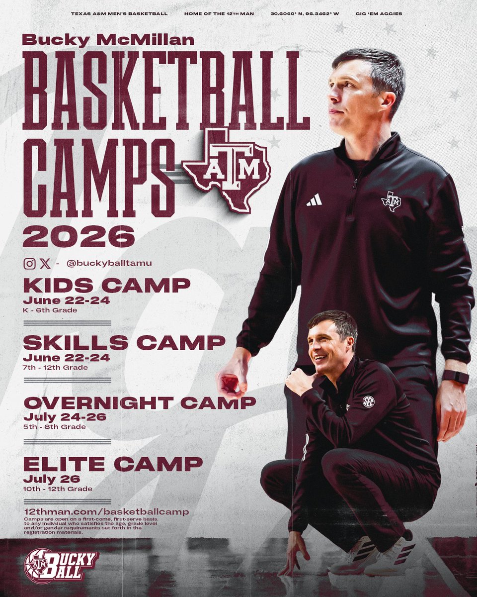 Save the date 📆

Registration for 2026 basketball camps opens 2/20 at 10 AM!

🔗 12thman.com/basketballcamp

#GigEm | #BuckyBall