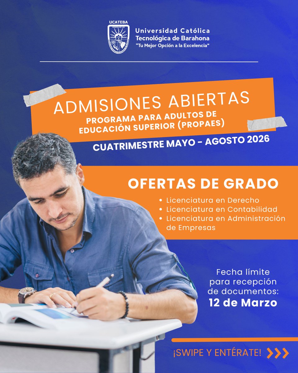 ucatebard's tweet photo. Una oportunidad flexible y de calidad para avanzar hacia tus sueños profesionales. 
En #UCATEBA abrimos el Programa para #Adultos de Educación Superior #PROPAES
Para más información, comunícate con el Departamento de Admisiones al 809-524-4025 ext. 227 https://t.co/8uSCjtqy2J