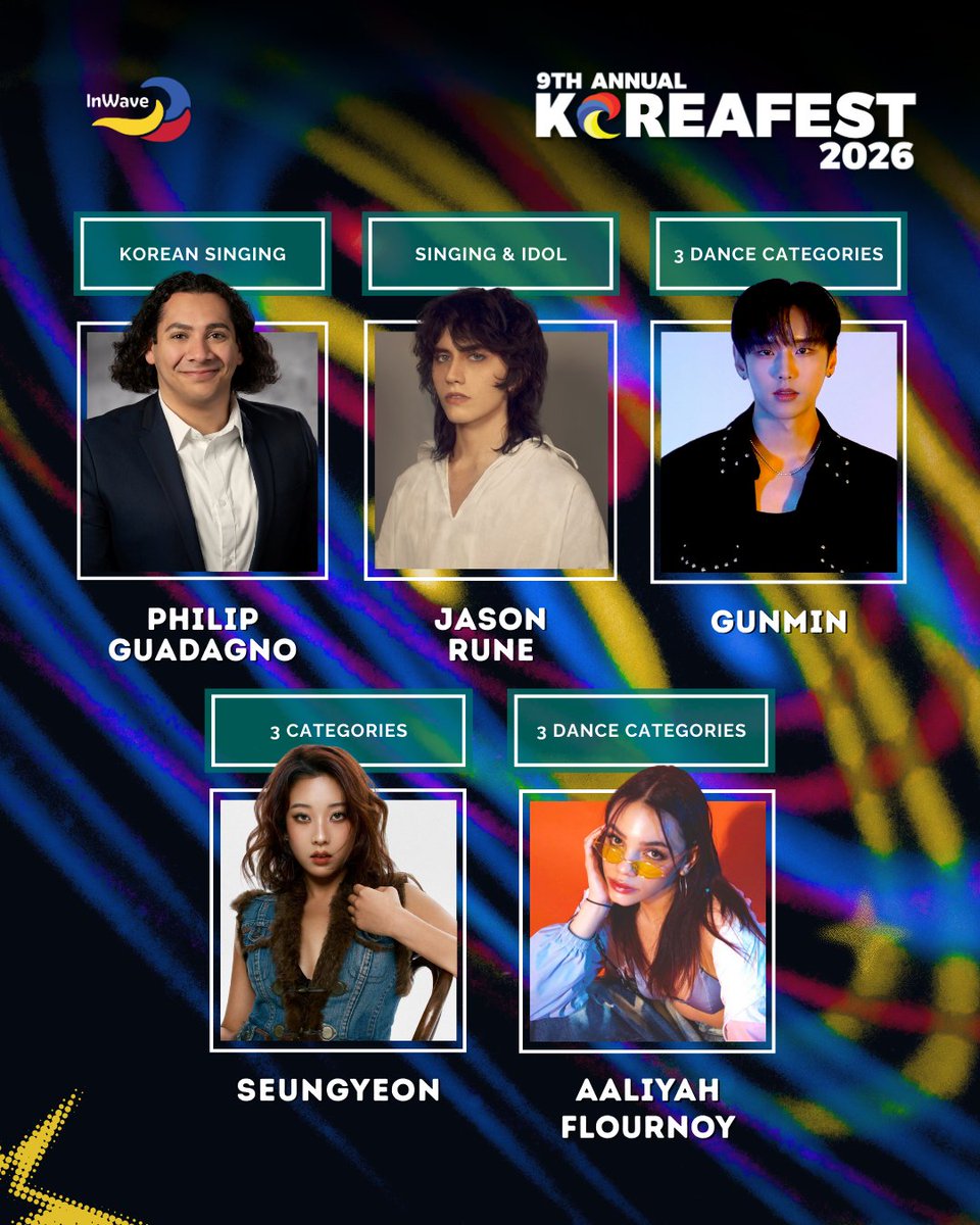 inwavemovement's tweet photo. 🌟Check out this year’s amazing line-up of judges for KoreaFest 2026!🌟

Categories include solo dance, small group dance, large group dance, idol, and singing! Participants have already been announced. 🎤🕺💃

Be sure to get your tickets (link in bio)! 🎟️ https://t.co/GmKMKVLIlE