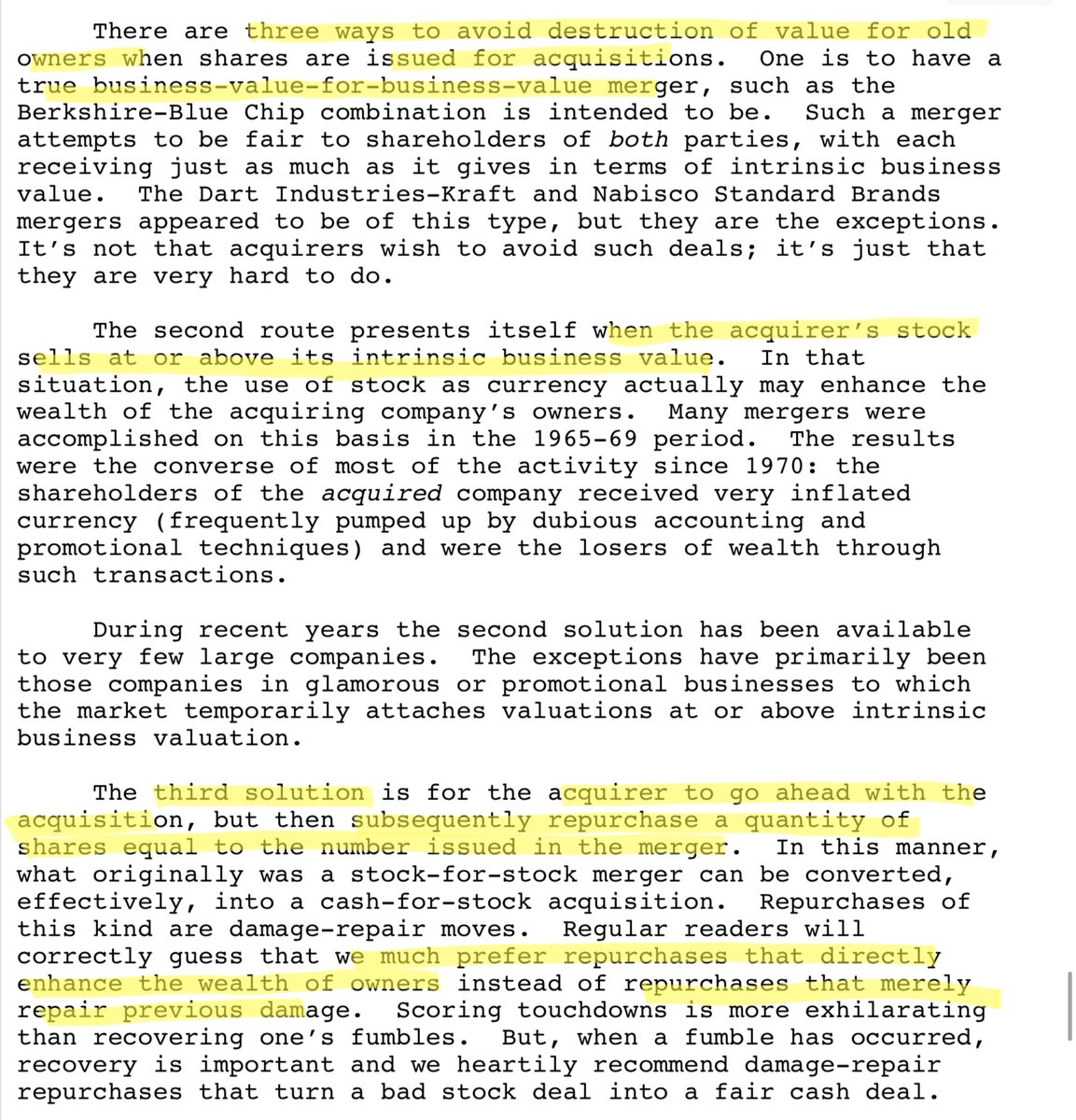 F_Compounders's tweet photo. Buffett on the three ways to avoid destruction of value for old owners when shares are issues for acquisition https://t.co/1Ow7i6Qd5n