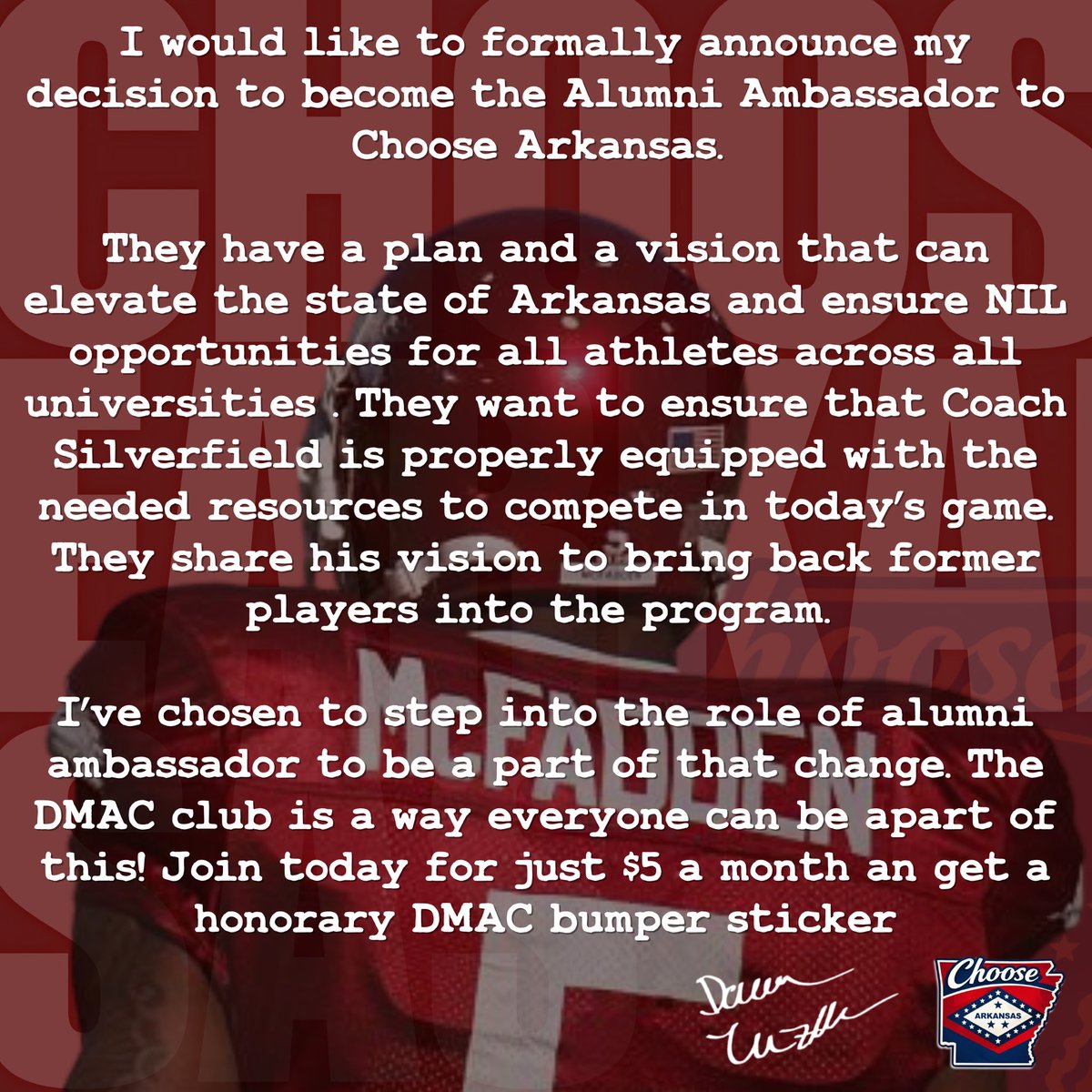 dmcfadden20's tweet photo. Proud to be joining @choose_arkansas as their Alumni Ambassador. 

Join the DMAC Club for $5/mo:
https://t.co/02tPFh6iG9 https://t.co/GevF4whDpn