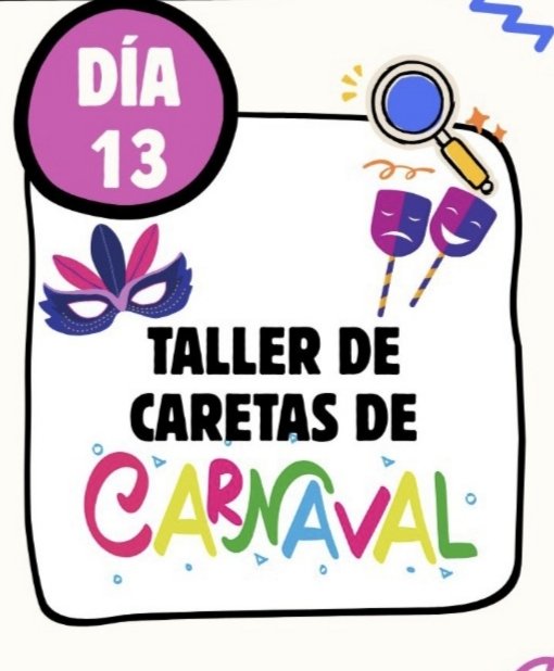 Hola, familias 👋🏻👋🏻

Llega el plan más divertido para este viernes de Carnaval🎉🎊

Taller de caretas, máscaras y antifaces ✂️ 🎭🎭

Merienda con postres típicos de Carnaval, que traeremos entre todos 🍩🧁

¿Os animáis a colaborar y traer el vuestro? 👨‍🍳👩‍🍳😋😋