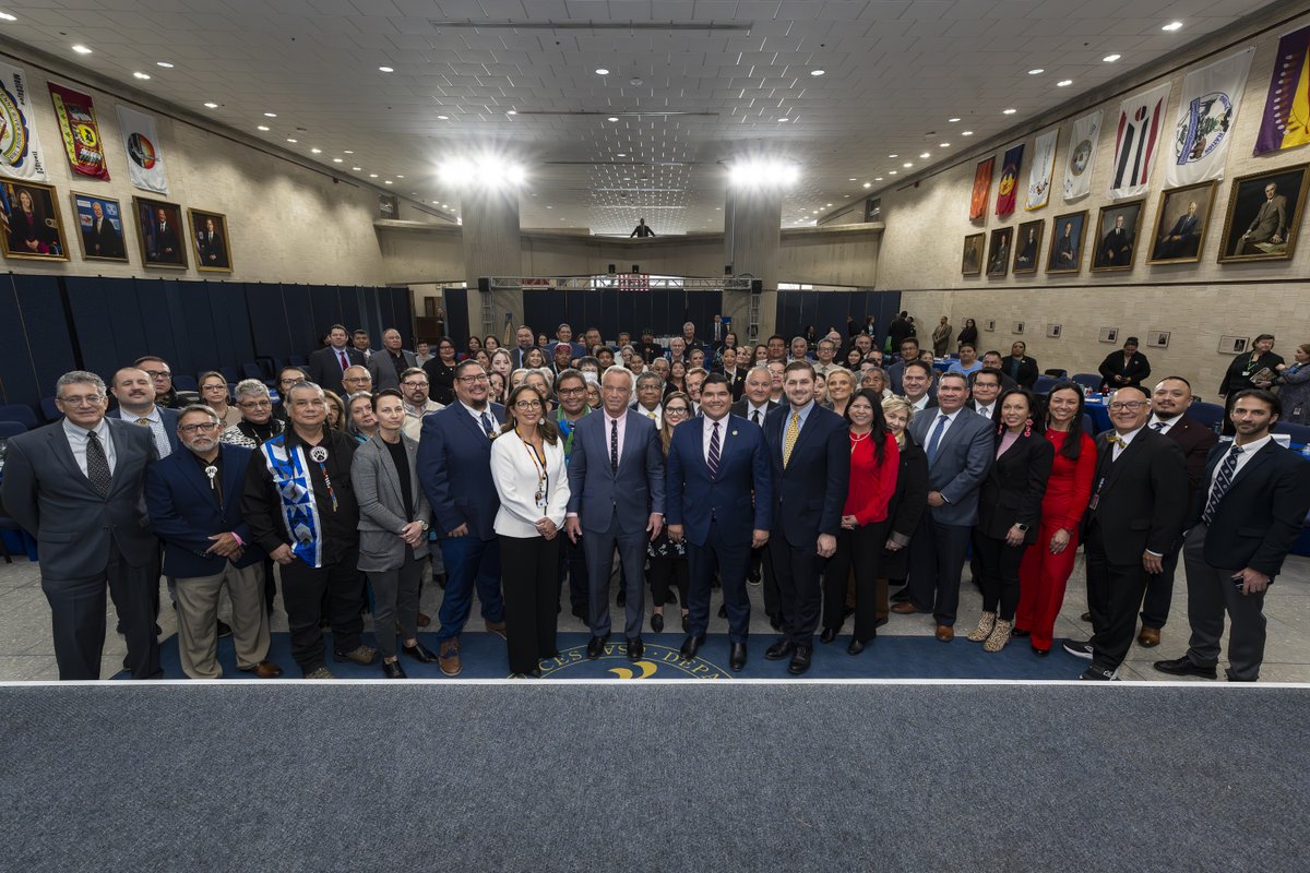 HHSGov's tweet photo. Today, joined by @SecKennedy, @IHSgov hosted its 70th Anniversary Summit where tribes across the country convened to celebrate decades advancing the health and well-being of American Indians and Alaska Natives, and highlighted how food sovereignty and improving nutrition are reflected in the new Dietary Guidelines for Americans.