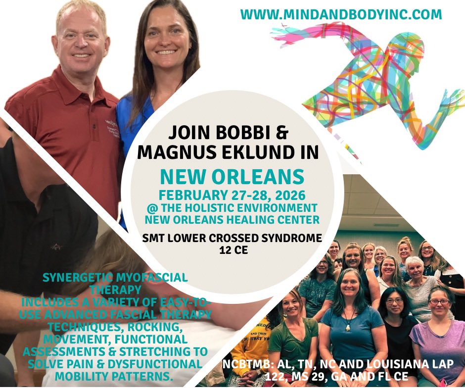 Join Bobbi and Magnus Eklund in New Orleans  at the Holistic Environment February 27-28 for Synergetic Neural and Fascial manual techniques workshop - Lower Crossed Syndrome 12 CE! #bobbiandmagnus #neworleans #holisticenvironment #fascia