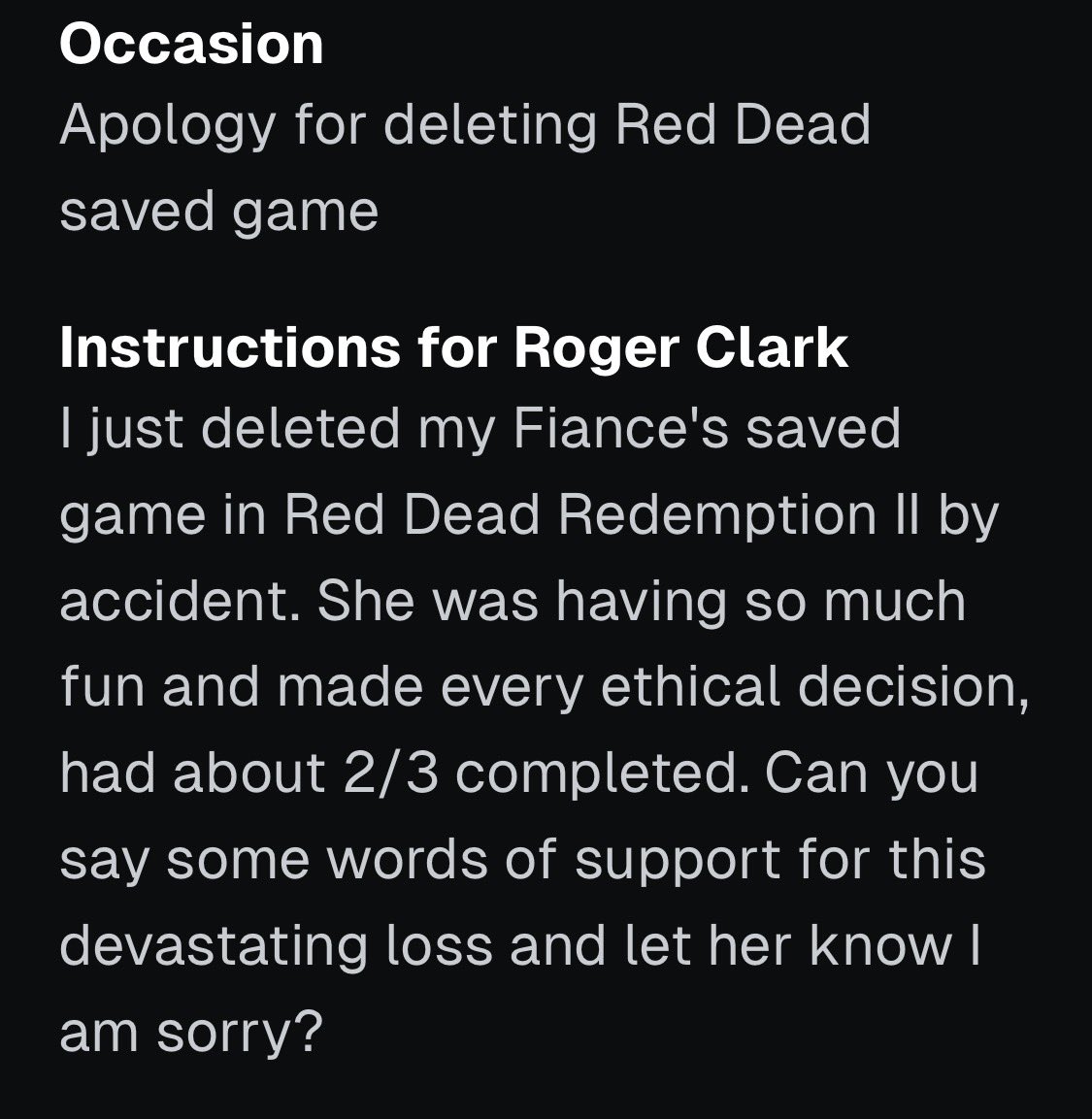 rclark98's tweet image. I really am blown away by the support you guys show me on cameo. Thank you for liking my shout outs. I enjoy them all but it’s ones like these below that I live for. Let us all send this poor girl positive vibes. At least her man knows what he did. @cameo #cameo #rdr2