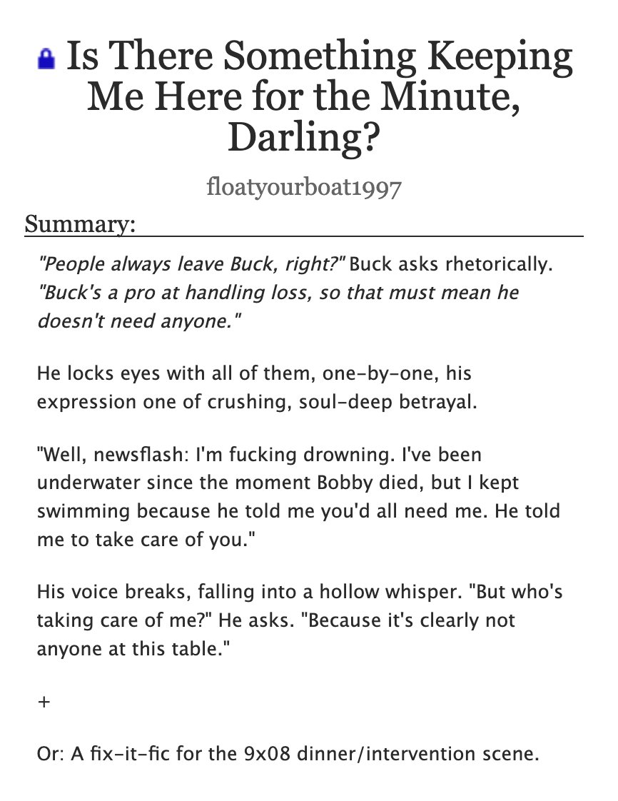 floatyourboat97's tweet photo. Is There Something Keeping Me Here for the Minute, Darling?

• 9-1-1/buddie fic
• a fix-it-fic for the 9x08 dinner/intervention scene (with a sprinkle of buddie obvi) 
• chapters: 1/1
• word count: 6.1k
• rating: T

🔗https://t.co/QBTUyEZvk3 https://t.co/i7QqLJnSCR