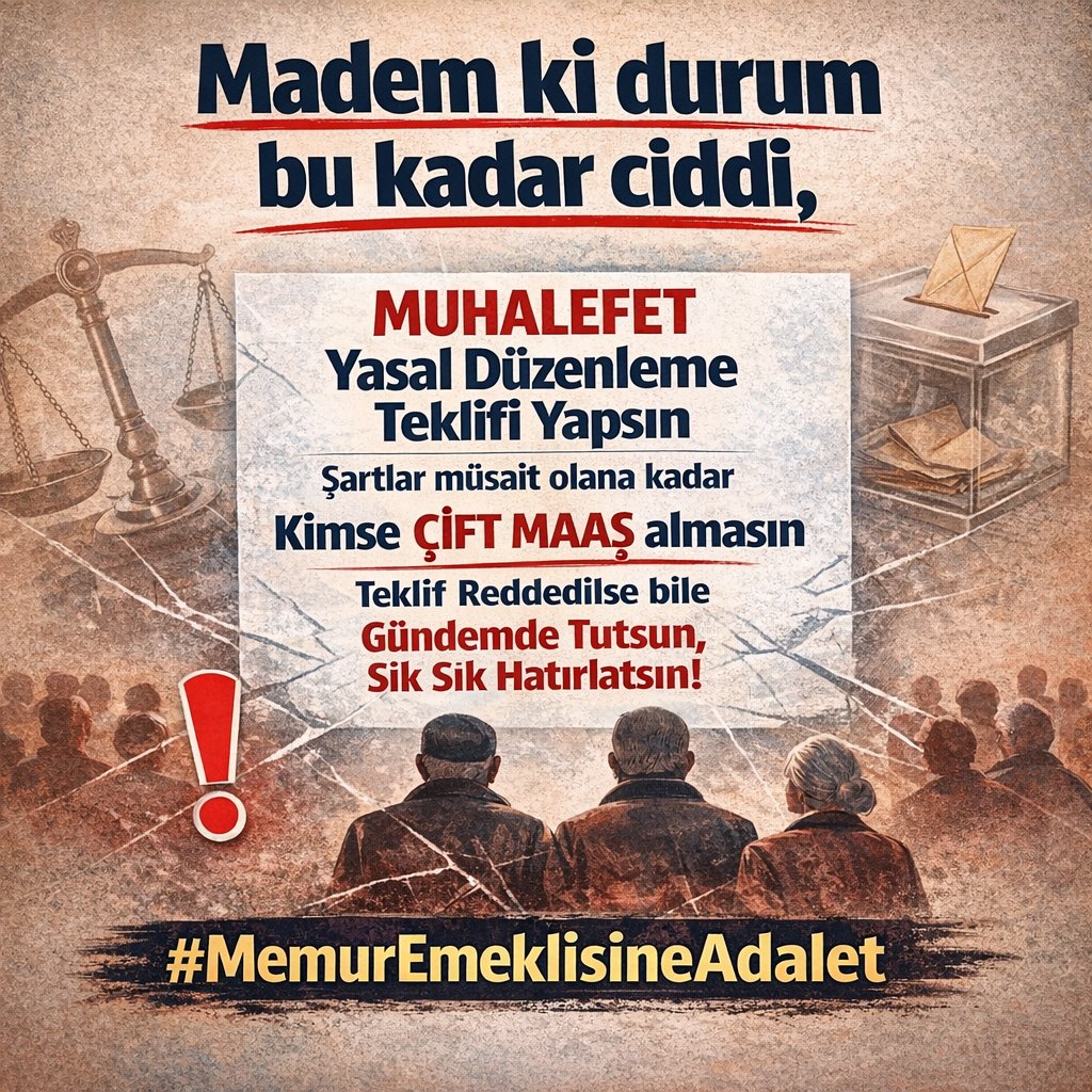<a href="/fethigurer/">Ömer Fethi Gürer</a> Madem ki durum bu kadar ciddi, o zaman emekli yurttaşla emekli vekili kıyaslayan bir önerge verir misiniz? 

Şartlar müsait olana kadar kimse çift maaş almasın, yurttaşın hali bir nebze değil, daha iyi anlaşılsın! 

#EmekliMemur 
#MemurEmeklisineAdelet 

<a href="/alimahir/">Ali Mahir Başarır</a>
<a href="/faikoztrak/">Faik Öztrak</a>