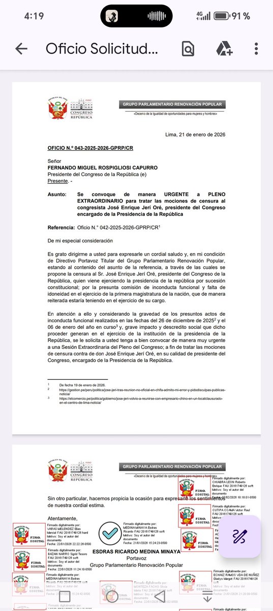 juancchamorro's tweet photo. #LOULTIMO

Ya están las 78 firmas. El congresista @EsdrasRicardoMe consiguió las adhesiones necesarias para pedir el Pleno extraordinario en el @congresoperu, y se vea el debate de la censura de @josejeriore.

El futuro del presidente interino estaría con las horas contadas. https://t.co/0r9cXsgjTk