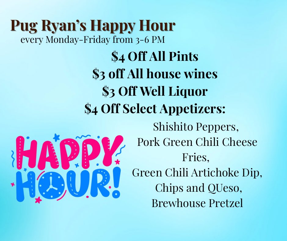 Join us for happy hour! #pugryansbrewery #pugryanstikibar #happyhour #dilloncolorado