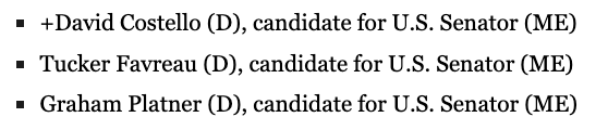 Love to see three <a href="/MaineDems/">Maine Democrats</a> running for the <a href="/SenateDems/">Senate Democrats</a> who have supported #DCStatehood. 

We do notice how you vote, <a href="/SenatorCollins/">Sen. Susan Collins</a>, don't get too comfortable. 

Looking forward to your support, <a href="/SenAngusKing/">Senator Angus King</a>