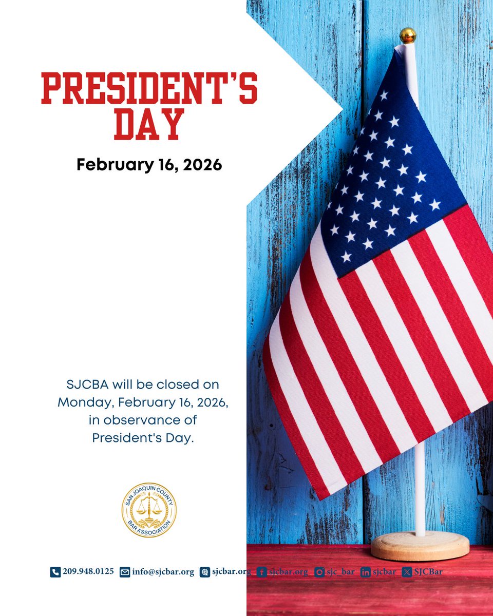 SJCBar's tweet photo. SJCBA will be closed on Monday, February 16, 2026, in observance of President's Day.

We will reopen on Tuesday, February 17, 2026.

#SJCBA #SJCBAR #February #PresidentsDay #officeclosure https://t.co/KOhWXvwQrt