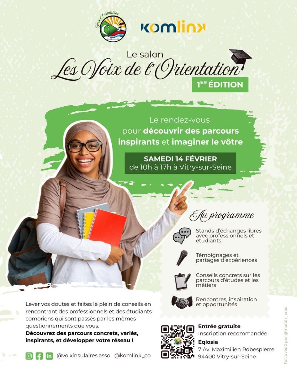 Radio_DouniaWeb's tweet photo. Dounia Web 🎓 | 1ère édition du salon « Les Voix de l’Orientation »
Vous cherchez votre voie ?
📍 Sam. 14 février | 10h–17h à Vitry-sur-Seine
Stands, témoignages, conseils &amp; networking.

🎟️ Entrée gratuite (inscription recommandée)
📌 Eqlosia - 7 Av. Maximilien Robespierre https://t.co/zygOecpJLh