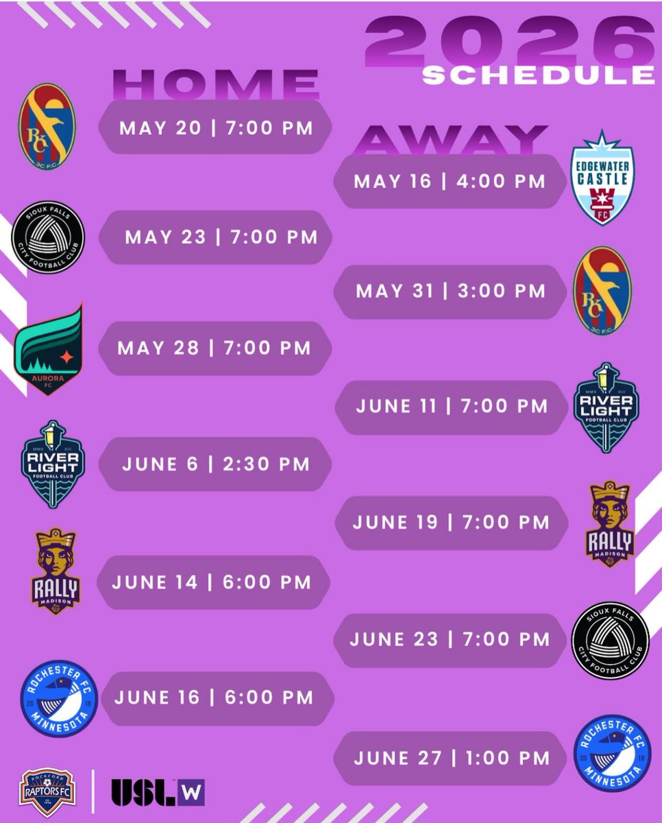 RRaptorsfc's tweet photo. We are excited to announce our @USLWLeague 2026 Schedule. 🦖🦖🦕🦕 https://t.co/oUutsqbwbU