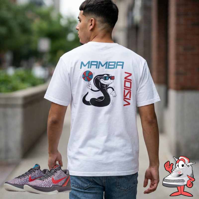 StyledByShoeman's tweet photo. The Kobe 6 Hollywood 3D All-Star is finally back!   Don’t just wear the shoes — match the vision.  Mamba mascot in 3D glasses, exact blue &amp; red accents, premium soft cotton.  Sizes XS-5X.  
Complete the fit now