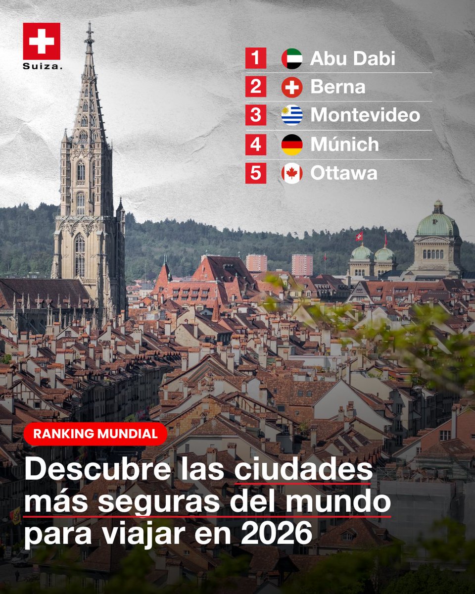 EmbSuizaPeru's tweet photo. ¡Berna en el podio de las ciudades más #seguras para viajar en 2026! 🥈🇨🇭
 
Las ciudades se evalúan en función de los riesgos actuales y previstos, entre los que se incluyen:
 🗳️ estabilidad política
 🩺 problemas de salud
 🌱 factores medioambientales https://t.co/8BWFU3RryF