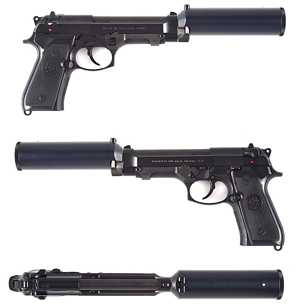 Beretta 92F with Knight's Armament snap-on suppressor and slide lock.