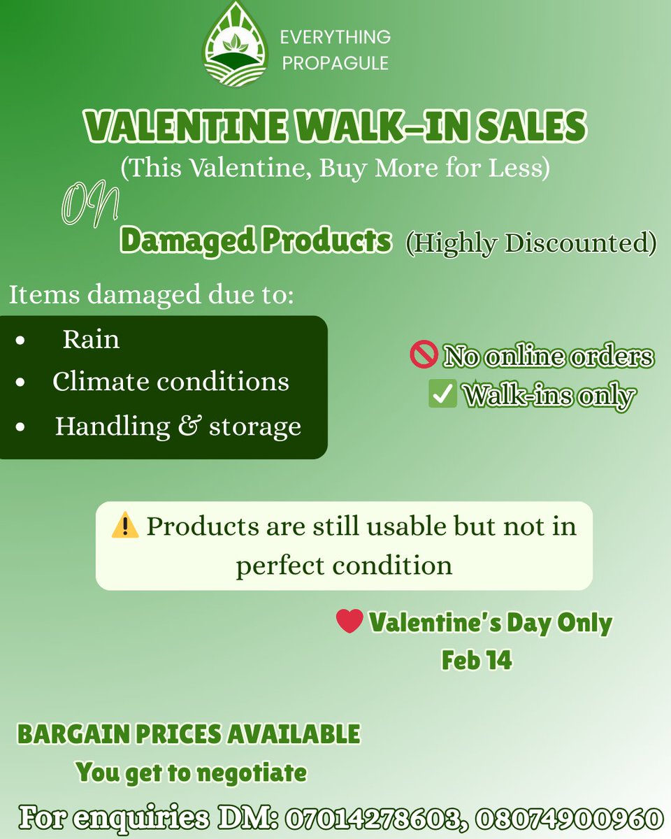 EPropagule's tweet image. Valentine for farmers ❤️🌱
Walk-in sales on damaged farm products at Everything Propagule.
*  Highly discounted
*  Bargain prices
*  Still usable
🚶 Walk-ins only
Date: Feb 14
#EverythingPropagule #ValentineSales #FarmInputs #Agriculture