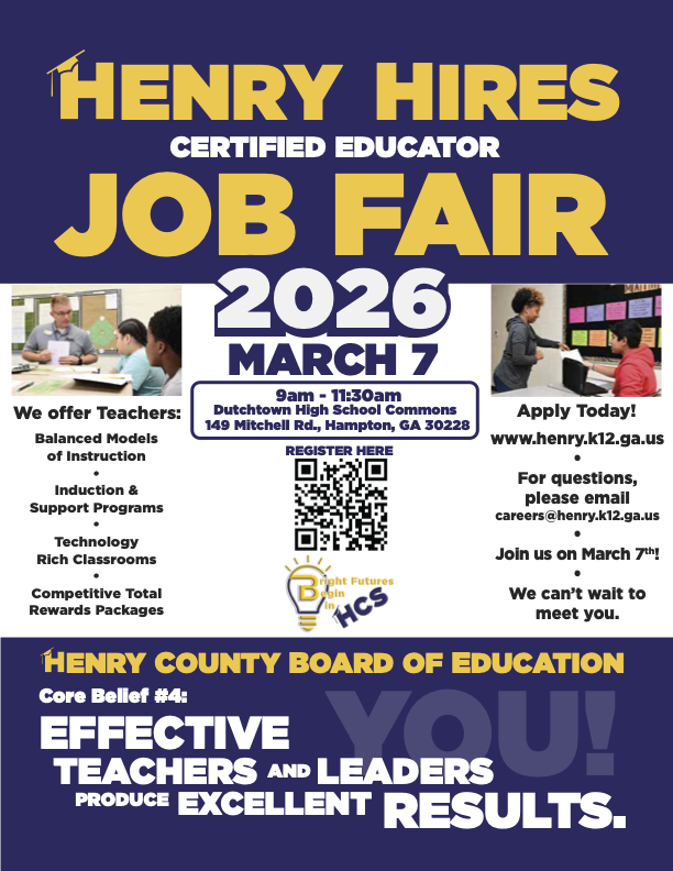 HenryCountyBOE's tweet photo. Looking for a career in education? Make plans to join us at the Henry County Schools Certified Educator Job Fair on March 7, 9-11:30 a.m., at Dutchtown High School! Explore opportunities to make a difference in the lives of students and become part of a world-class team.
Learn more and register today at https://t.co/YYrZFtNWHF.
#WinningforKids #HenryProud #YouBelonginHenry