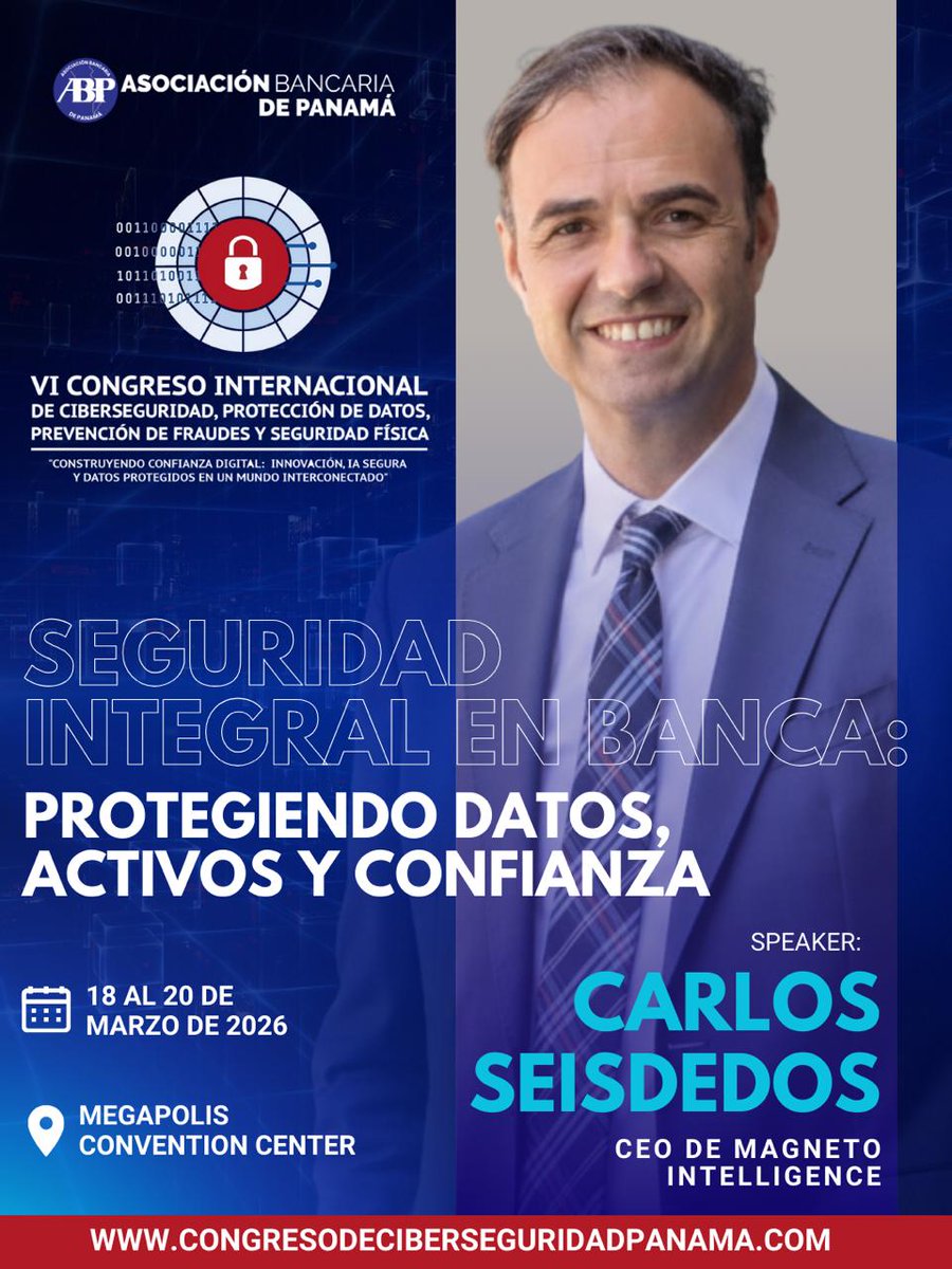 CarloSeisdedos's tweet photo. @MagnetoINT participaremos como ponentes en el VI Congreso Bancario de Ciberseguridad, celebrado en #Panamá 2026 🇵🇦. 
Gracias a @ABPanama por la invitación.

Inscripciones 👇🏼
https://t.co/xgv90BiV09 https://t.co/8LYYqTNpth